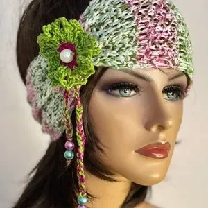 Hand Knits 2 Love Bandana Headband Headwrap Scarf Flower Pearl Designer Boho Hand Knits 2 Love Cotton Bandana Scarf Headband Hearscarf  main image 2